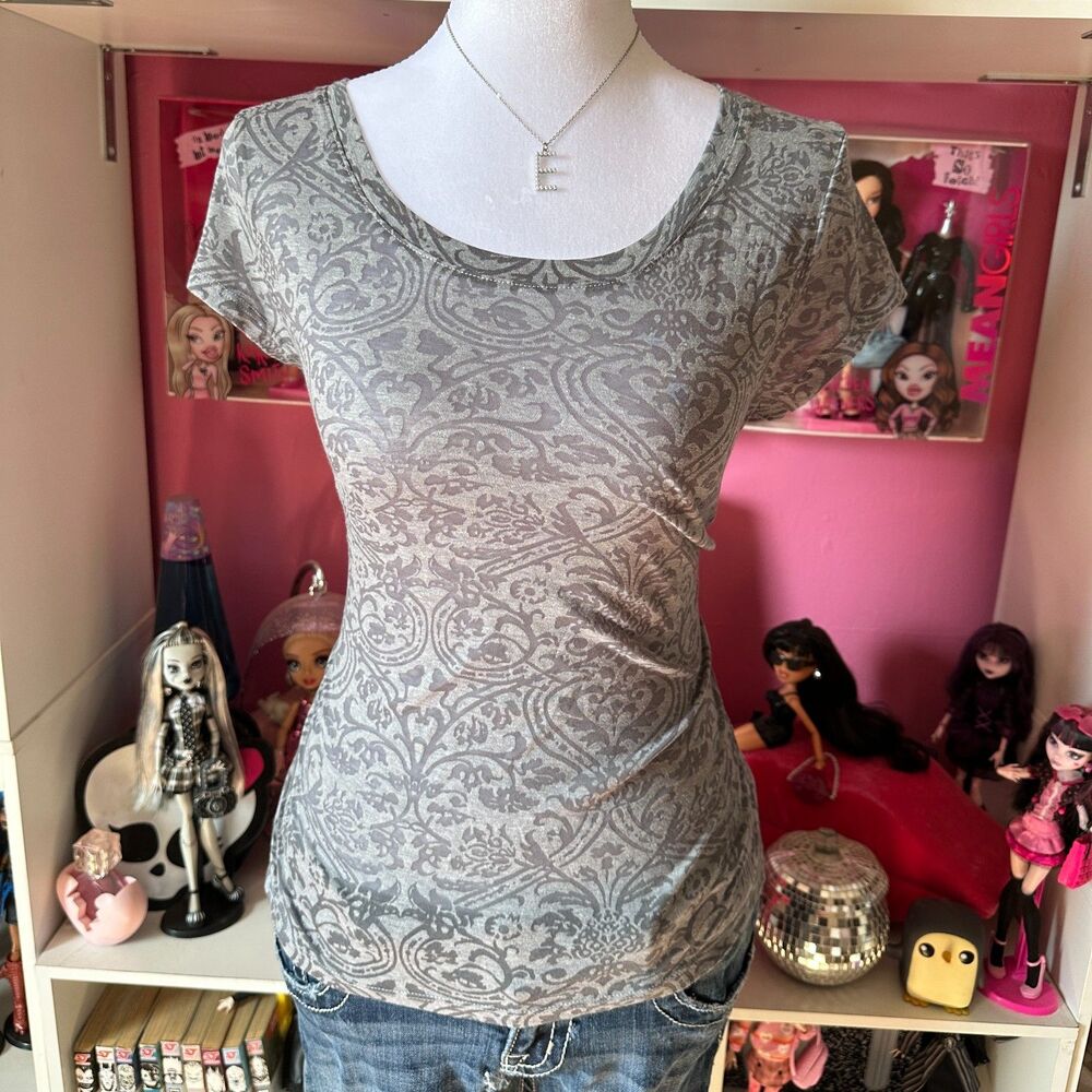 Vintage Y2K The Limited Grey Damask Baroque Scroll Cap Sleeve Top Size S